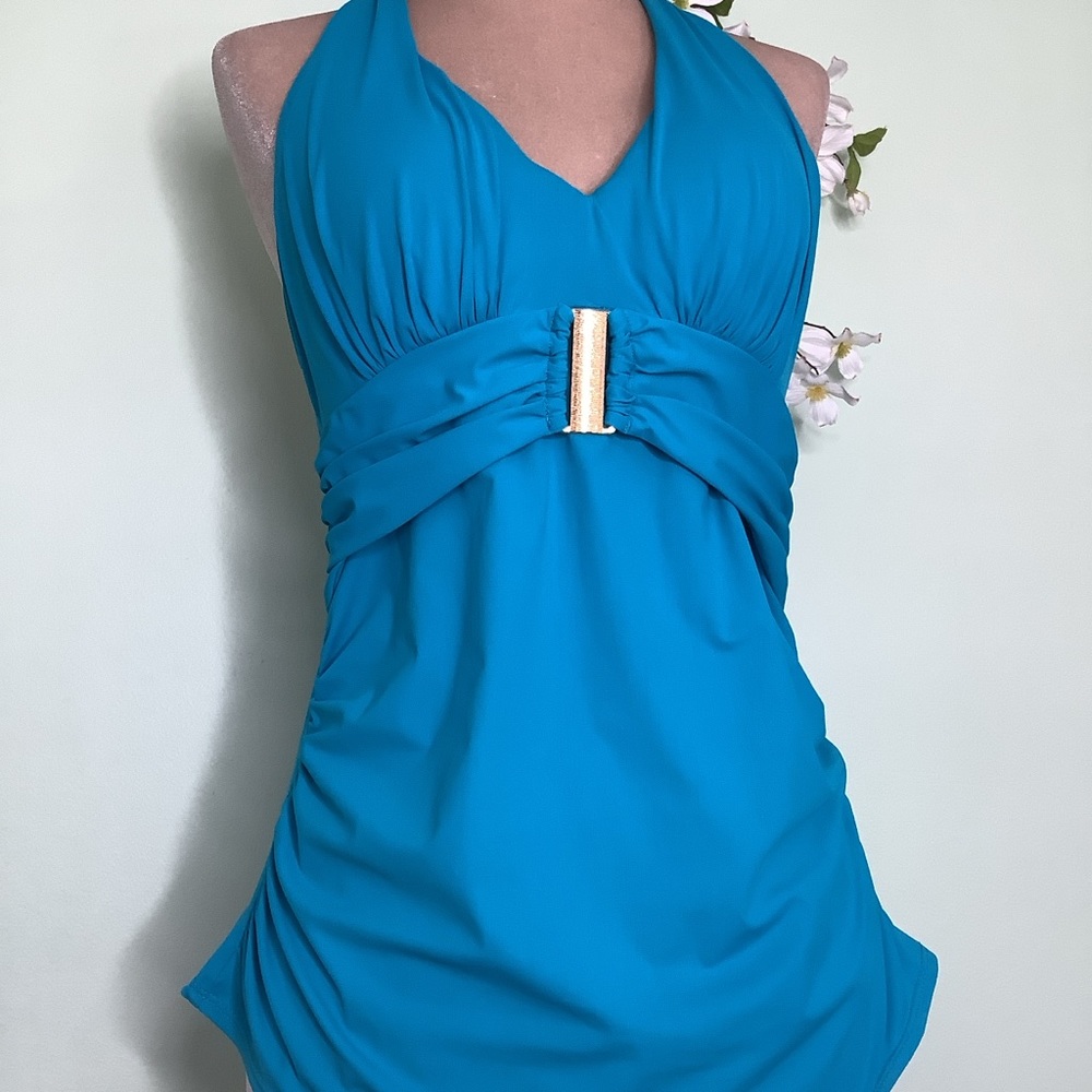 SPANX Slimming Tankini Halter Top Aquamarine Let’s Go Swimming Gold Accent Belt